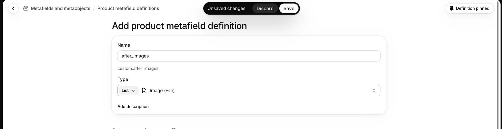 Shopify admin Add product metafield definition page with the name after_images, the identifier custom.after_images, and the type set to a list of images