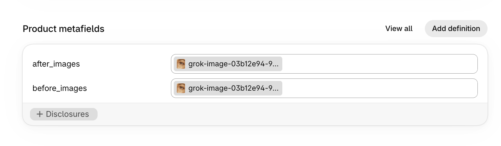 Product metafields card with one image chosen in after_images and one image chosen in before_images