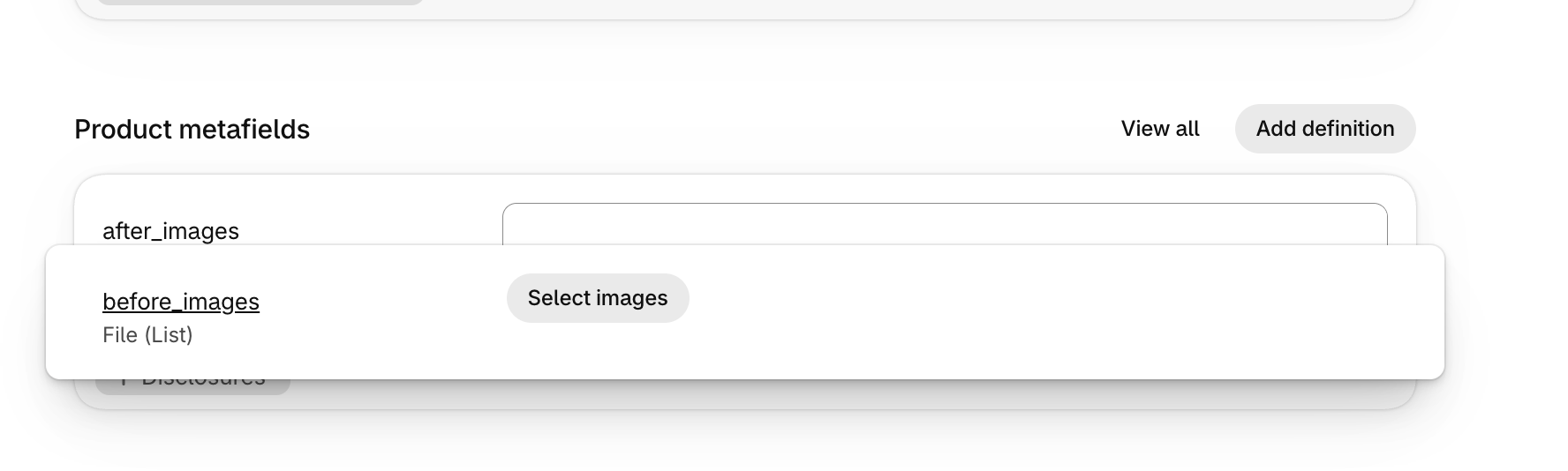 Product metafields card on a product in Shopify admin, with the before_images field showing a Select images button