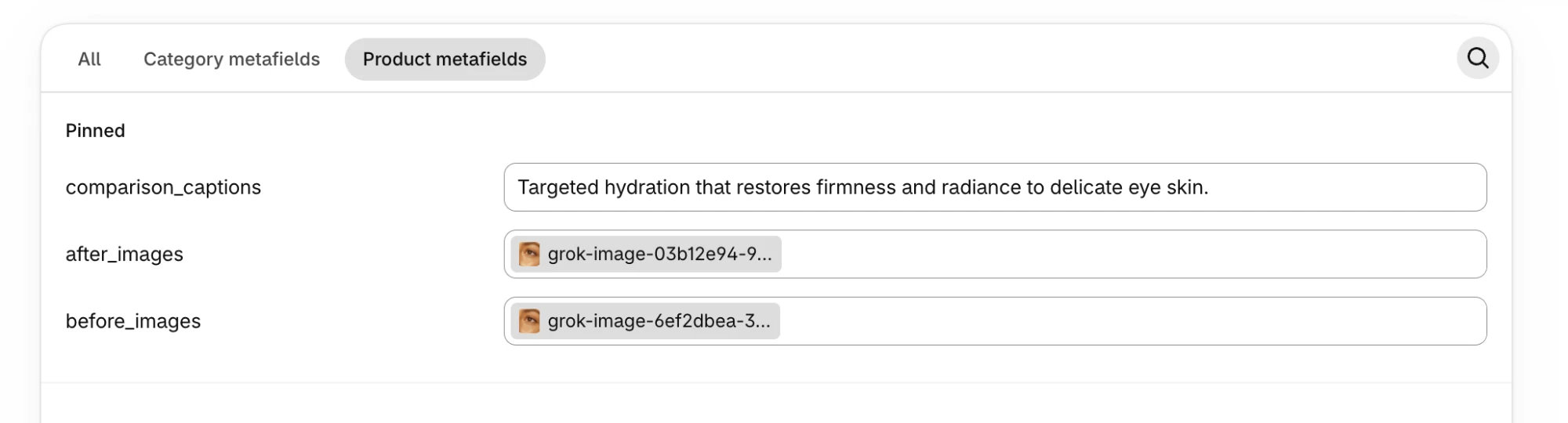 Pinned product metafields with a comparison caption, one after image, and one before image filled in