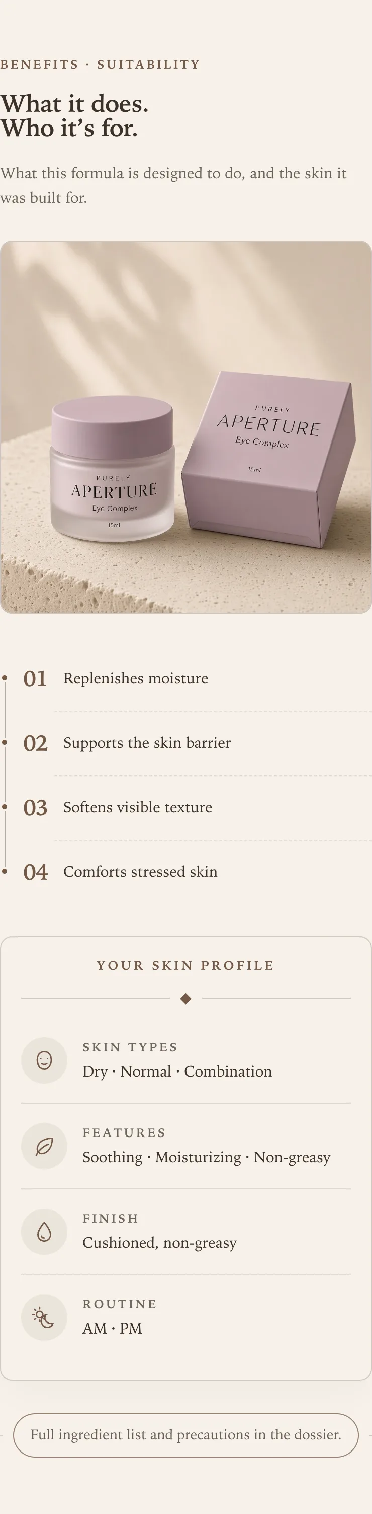 Benefits and suitability on a phone, with the heading above a square image, the numbered benefits below it, and the skin profile card at the bottom