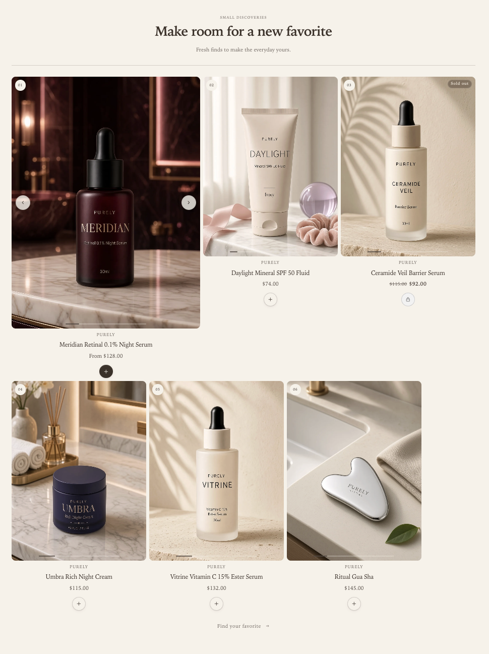 Featured collection desktop Editorial spotlight layout with a larger first product, two smaller cards beside it, and three products in the next row