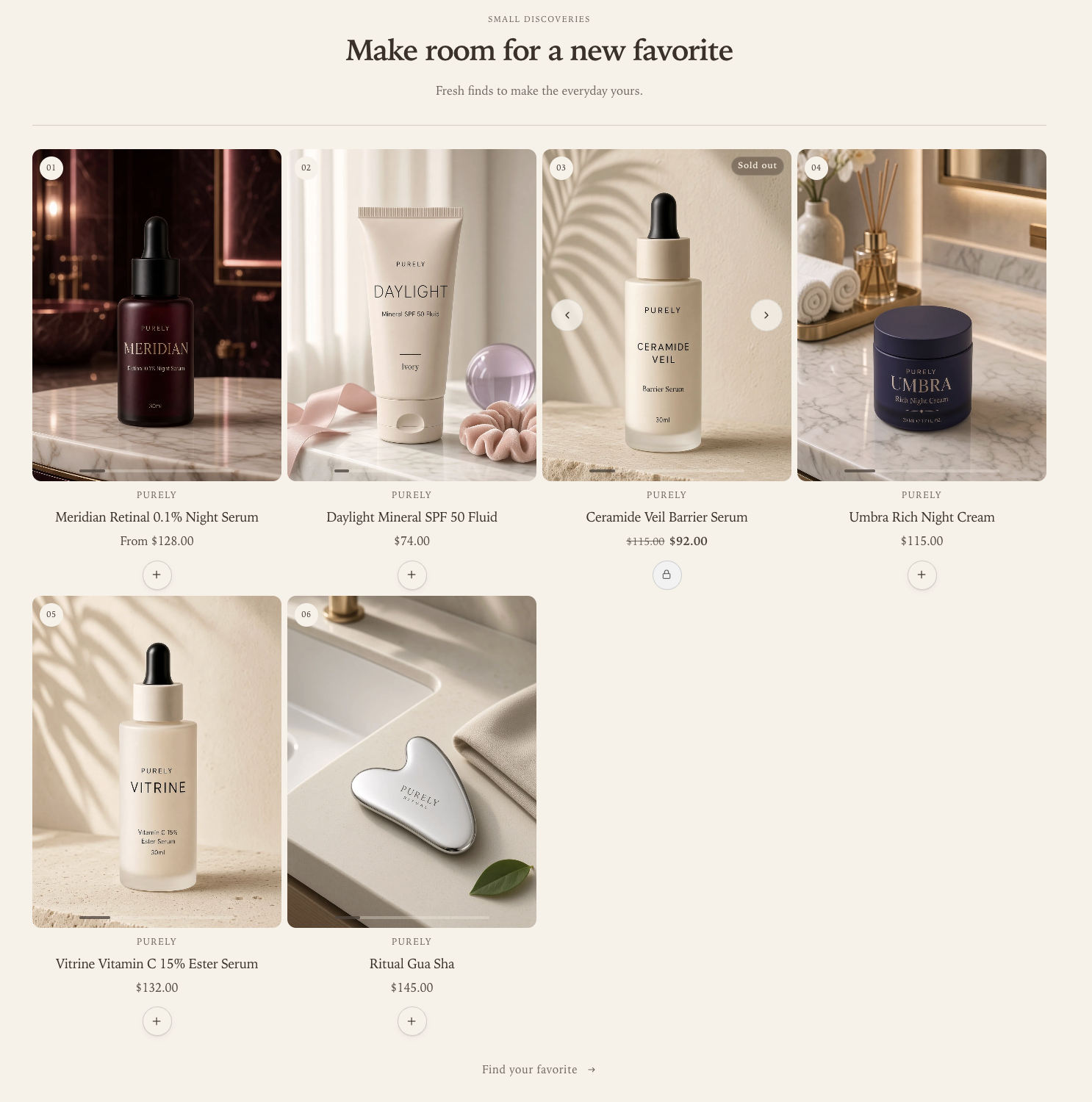 Featured collection desktop Grid layout with six equal-width product cards arranged as four in the first row and two in the second