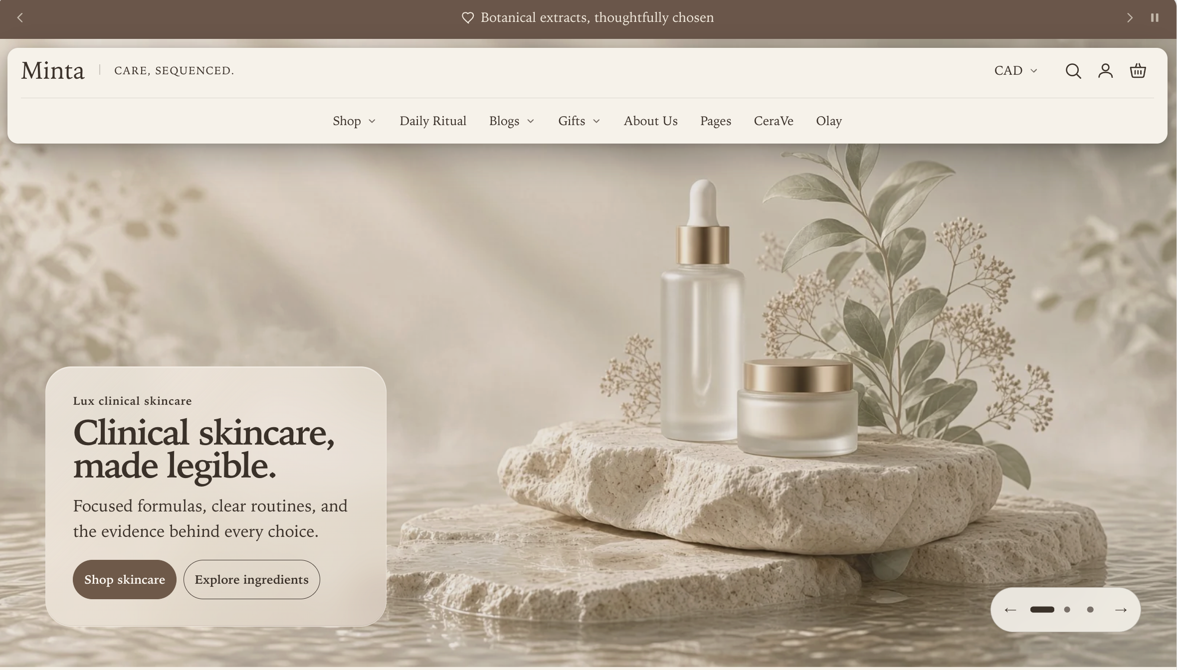 Manifest storefront with a solid editorial navigation rail and no routine links