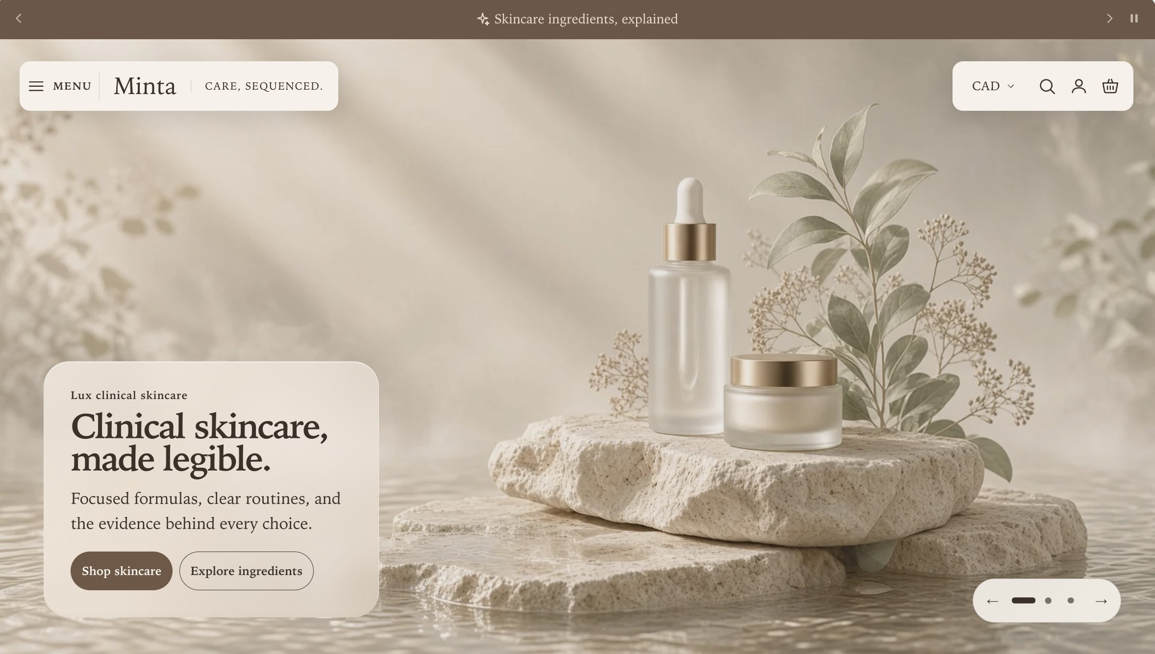 Manifest storefront with a solid Split dock header and no routine links