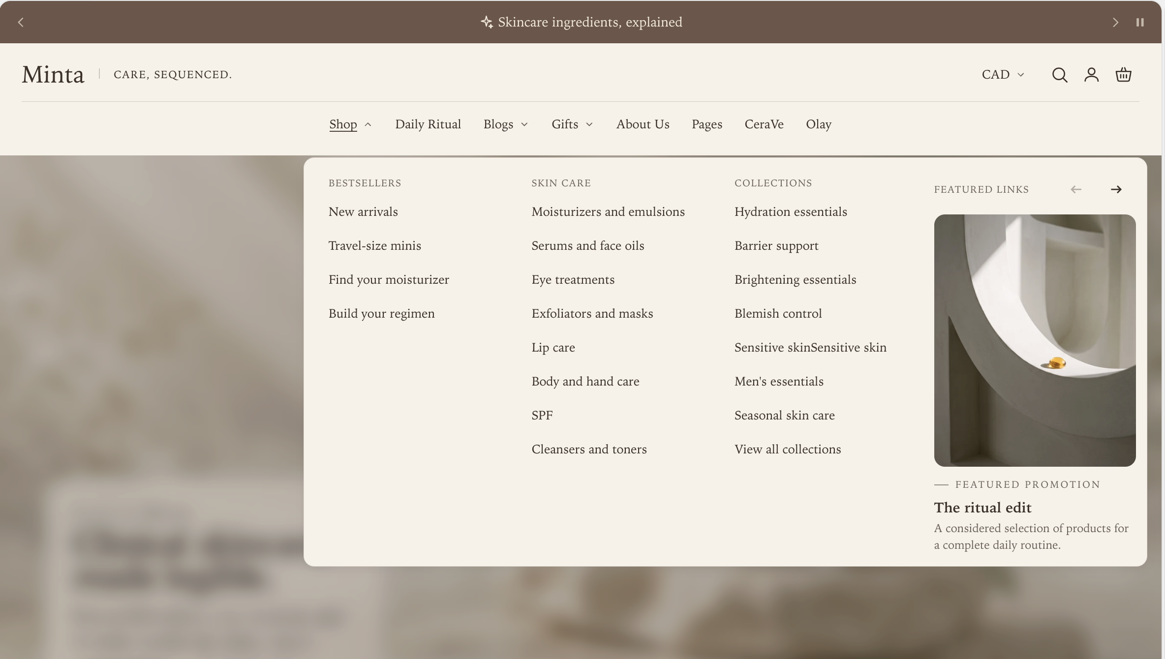 Manifest Header Columns submenu showing several link groups and a featured promotion