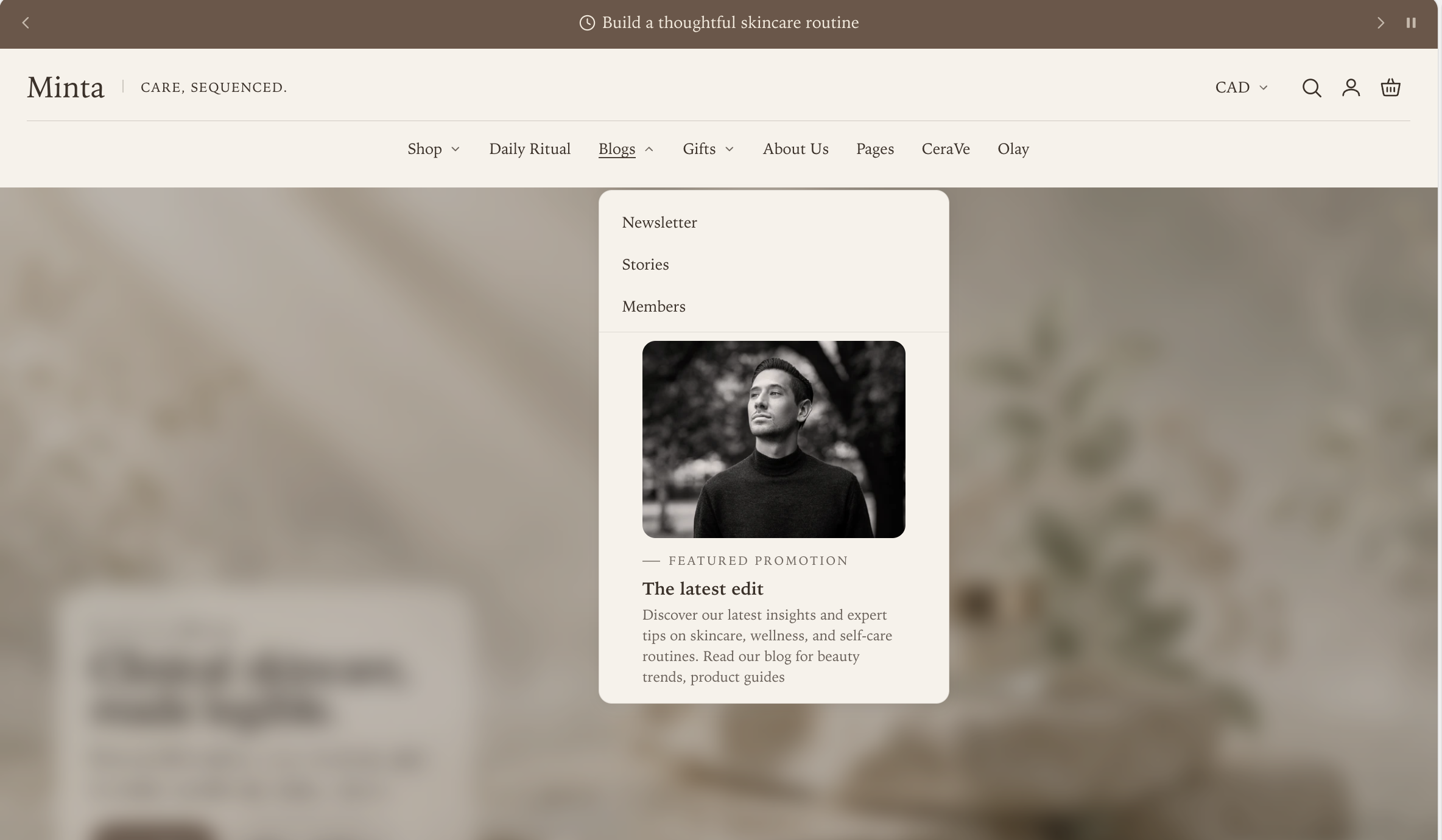 Manifest Header Fly-out panel submenu showing a short link list and featured promotion