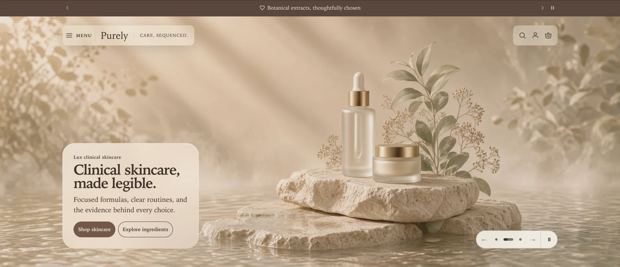 Full canvas hero scene with a soft glass text panel at the bottom left over a product photograph