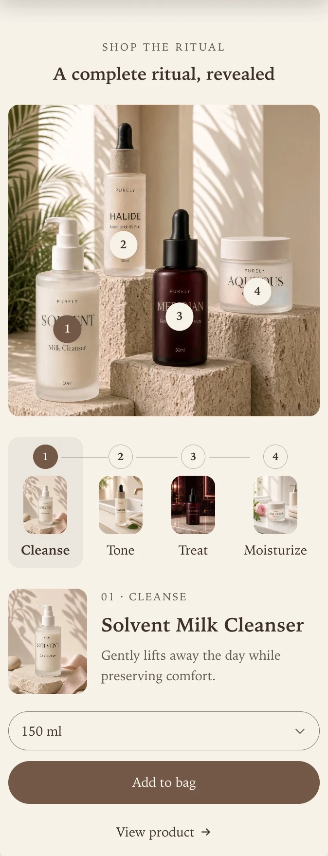 Shop the ritual on a phone, with the photograph and markers above a row of four numbered steps and the selected product's panel below